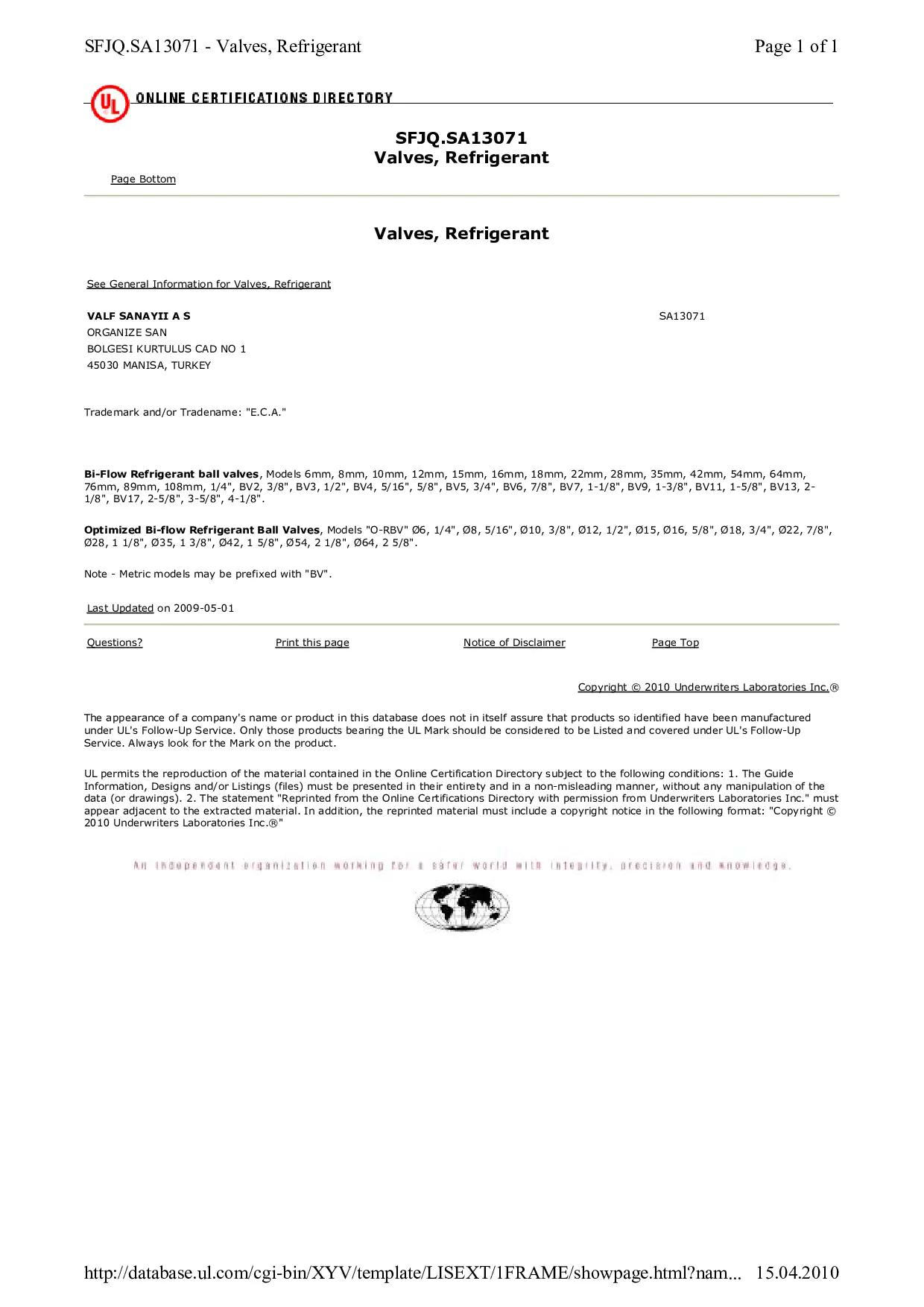 Optimize Seri Soğutucu Küresel Valf UL Belgesi